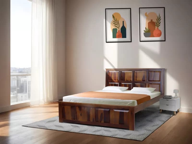 Alexa Solid Wood Queen Size Double Bed with 4 Inches Mattress