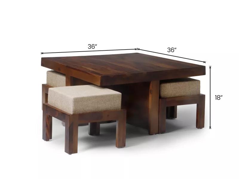 Belle Solid Wood Coffee Table with 4 Stools